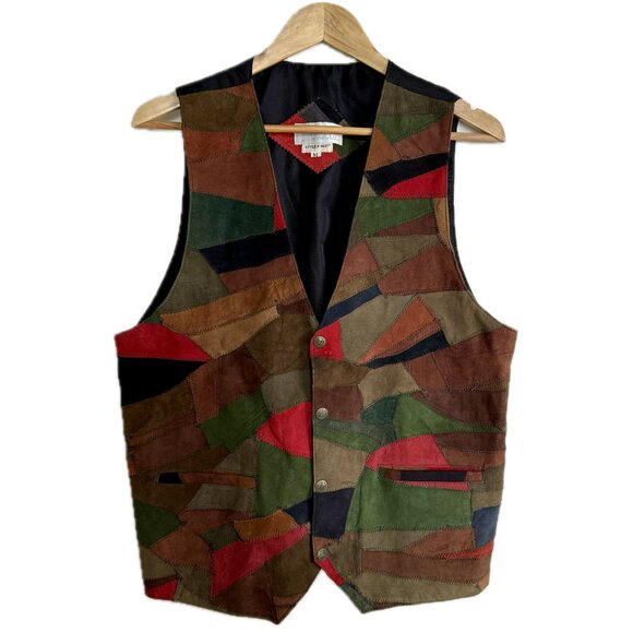 Vintage Suede Vest Men Medium Brown Red Patchwork Waistcoat 90s Retro Leather - Picture 1 of 16